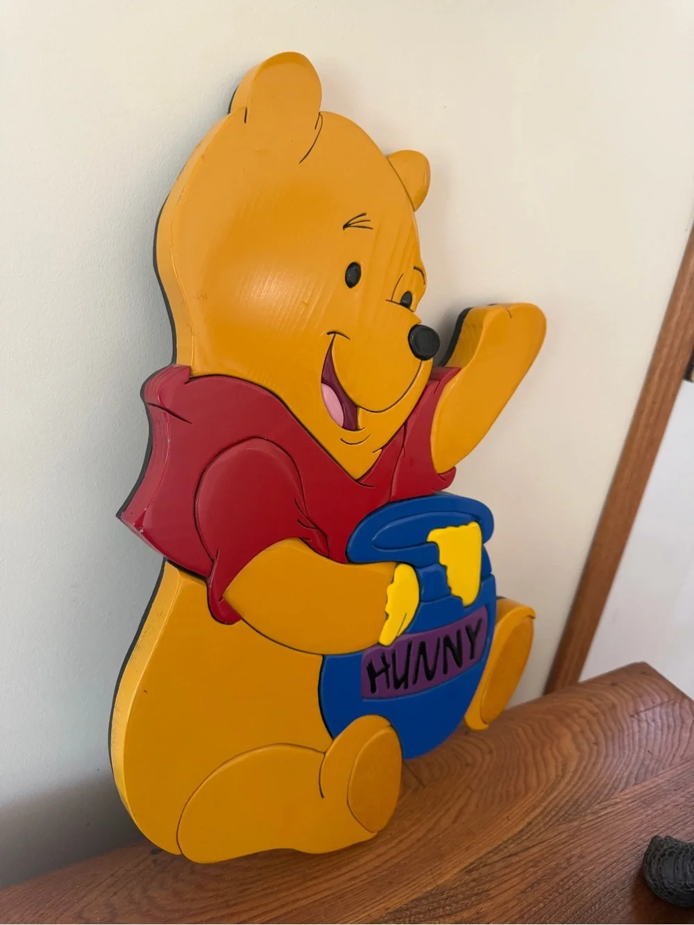 Vintage 14 x 20 wooden Winnie the Pooh Wall Art with Hunny Pot - Yellow & Blue